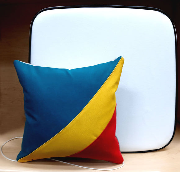 Sunbrella boat toss pillows with strings attachable under a boat seat cushion on a wooden frame. Made by Civitas Circle in lake Zurich, Illinois.
