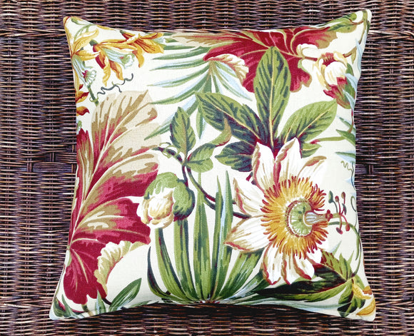 Two patterns sided pillow covers with zipper closure from Sunbrella, Waverly, Covington and other outdoor acrylic fabrics resistant to stains, water, bacteria and UV damage. Several sizes.